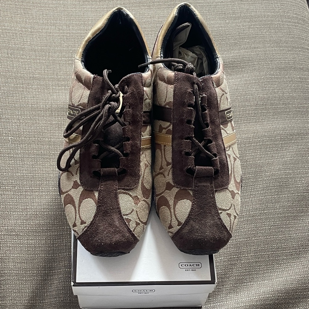 Coach sz 11 Joss Brown Signature Canvas and Suede Lace-Up Sneakers - Picture 2 of 9